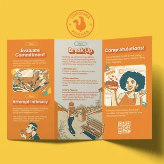 Informative tri-fold brochure about relationship commitment, break up, and congratulations