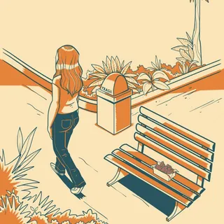 Woman walking past bench and trash can in garden area