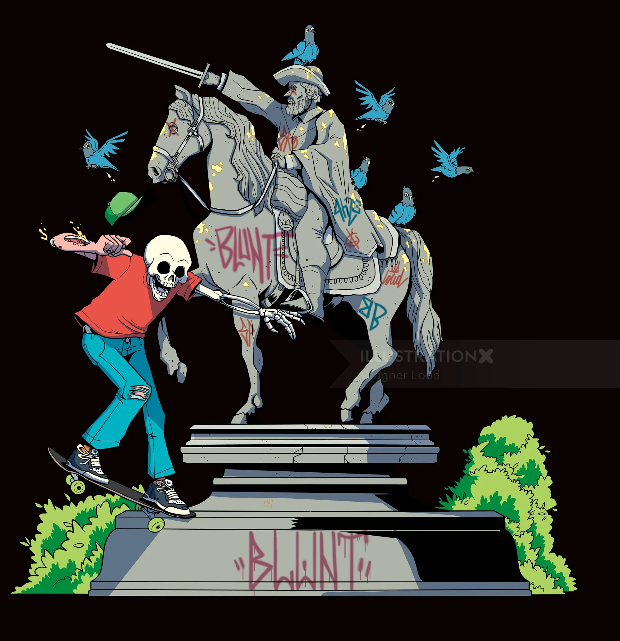 Skateboarder with skull head grinding on graffitied statue horse.