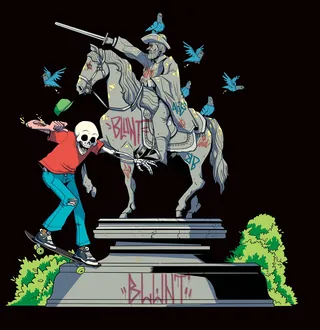 Skateboarder with skull head grinding on graffitied statue horse.