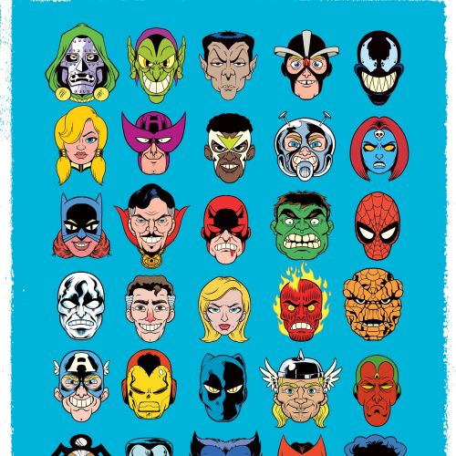 Rows of Marvel superheroes and villains illustrated faces on blue background