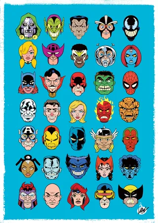 Rows of Marvel superheroes and villains illustrated faces on blue background