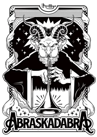 Horned figure playing trumpet with stars and ribbons in black and white.