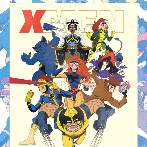 X-Men characters including Wolverine, Cyclops, and others in a group pose