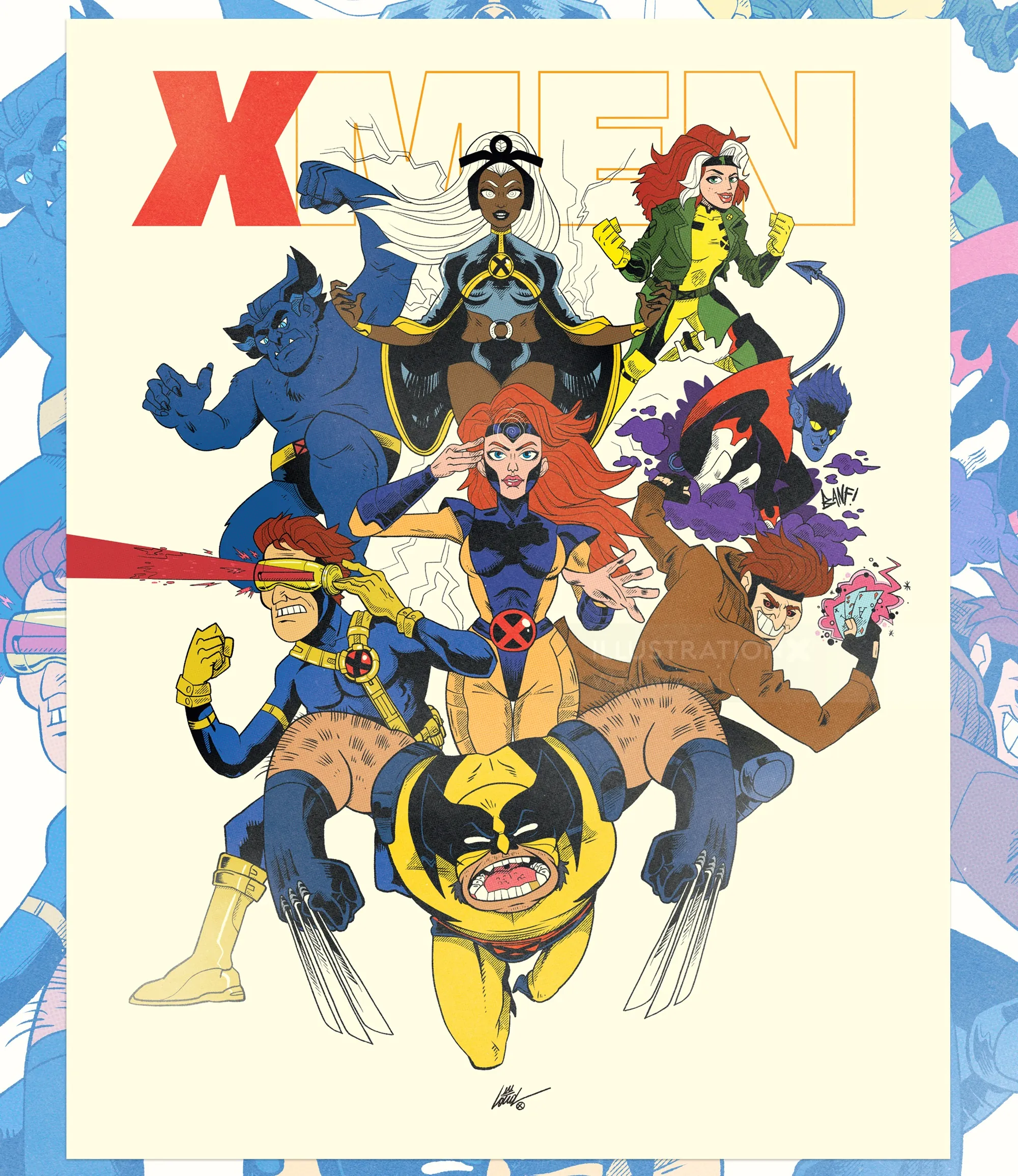 X-Men characters including Wolverine, Cyclops, and others in a group pose