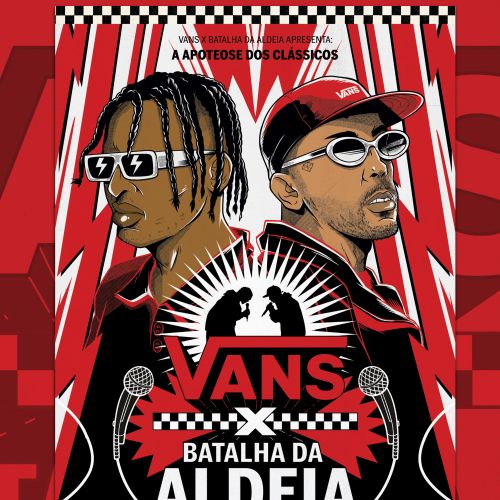 Illustration of two stylized men with Vans x Batalha da Aldeia logos