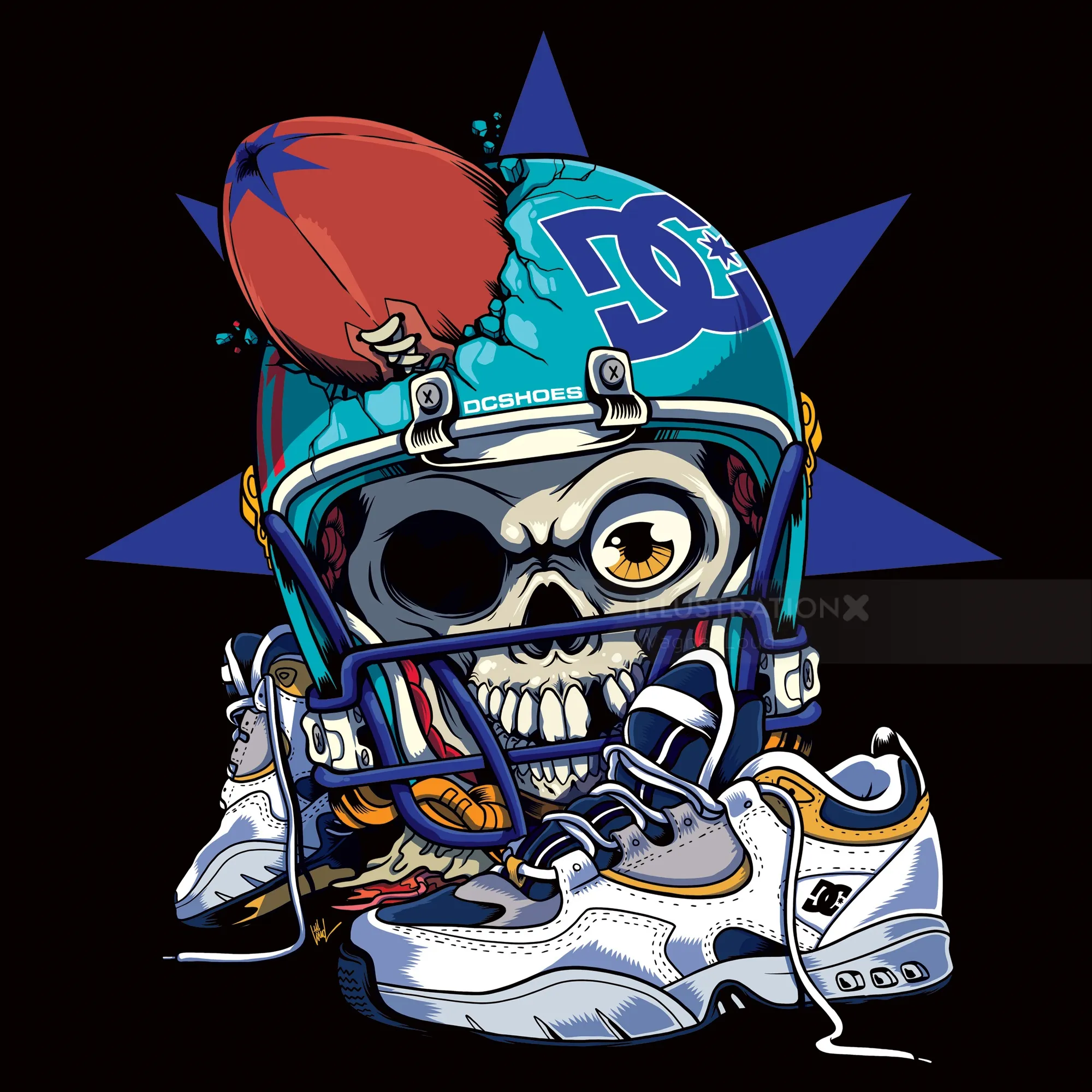 Skull wearing DC Shoes helmet holding football and sneaker