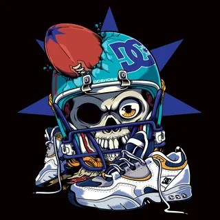 Skull wearing DC Shoes helmet holding football and sneaker