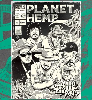 Black and white illustration of five men with hats and cannabis plants