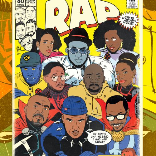 Illustration of diverse Brazilian rap artists on comic book cover
