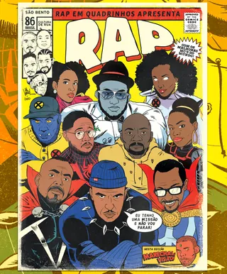Illustration of diverse Brazilian rap artists on comic book cover