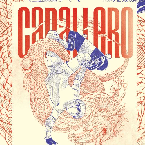 Illustration of skateboarder performing trick with dragon background