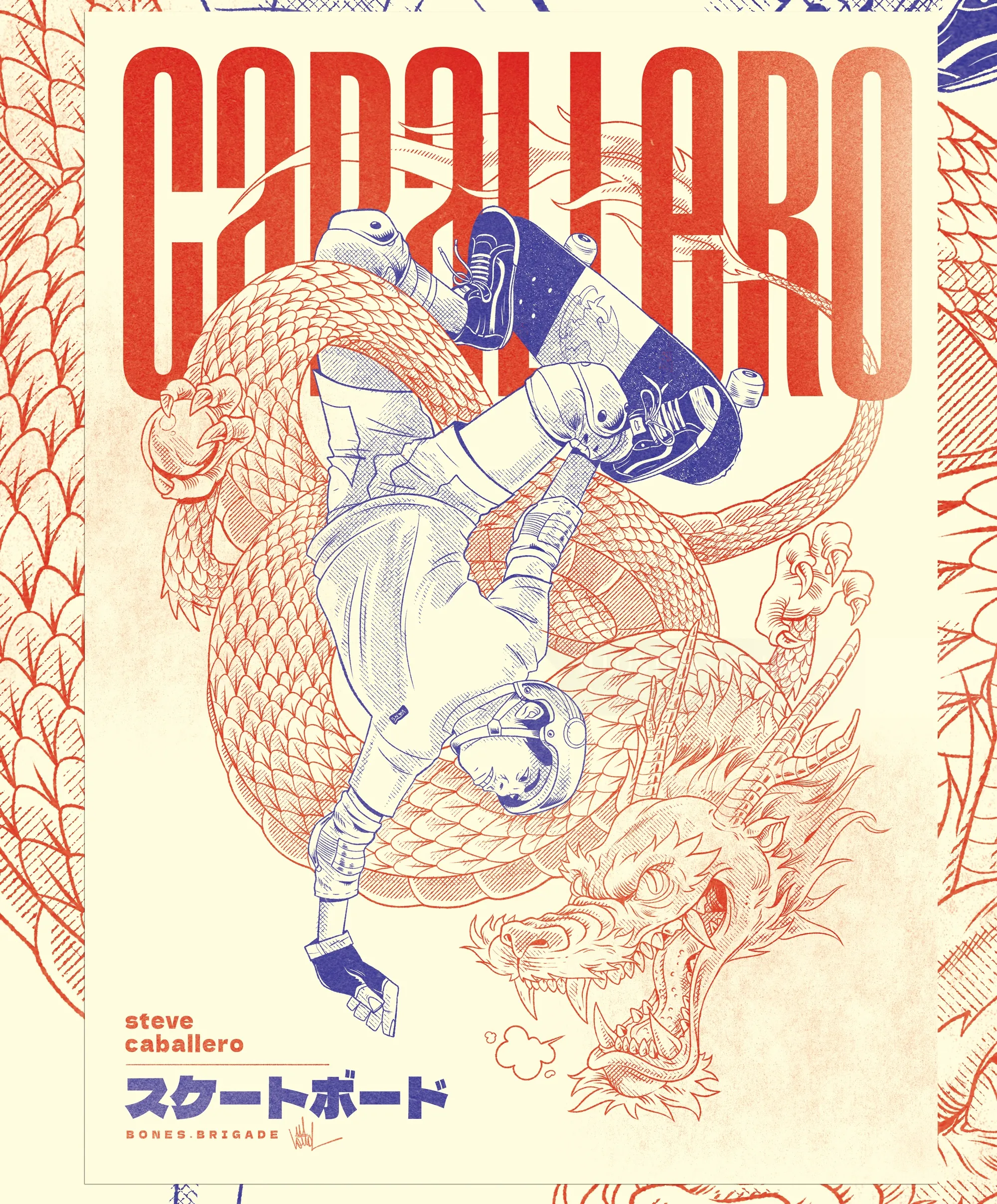 Illustration of skateboarder performing trick with dragon background