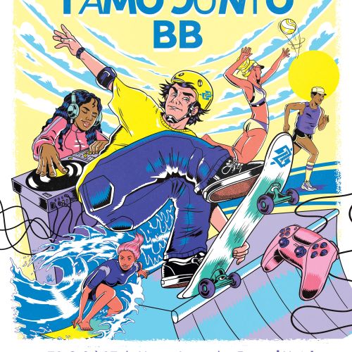 Illustration of esports and music festival with skateboarding and DJ.