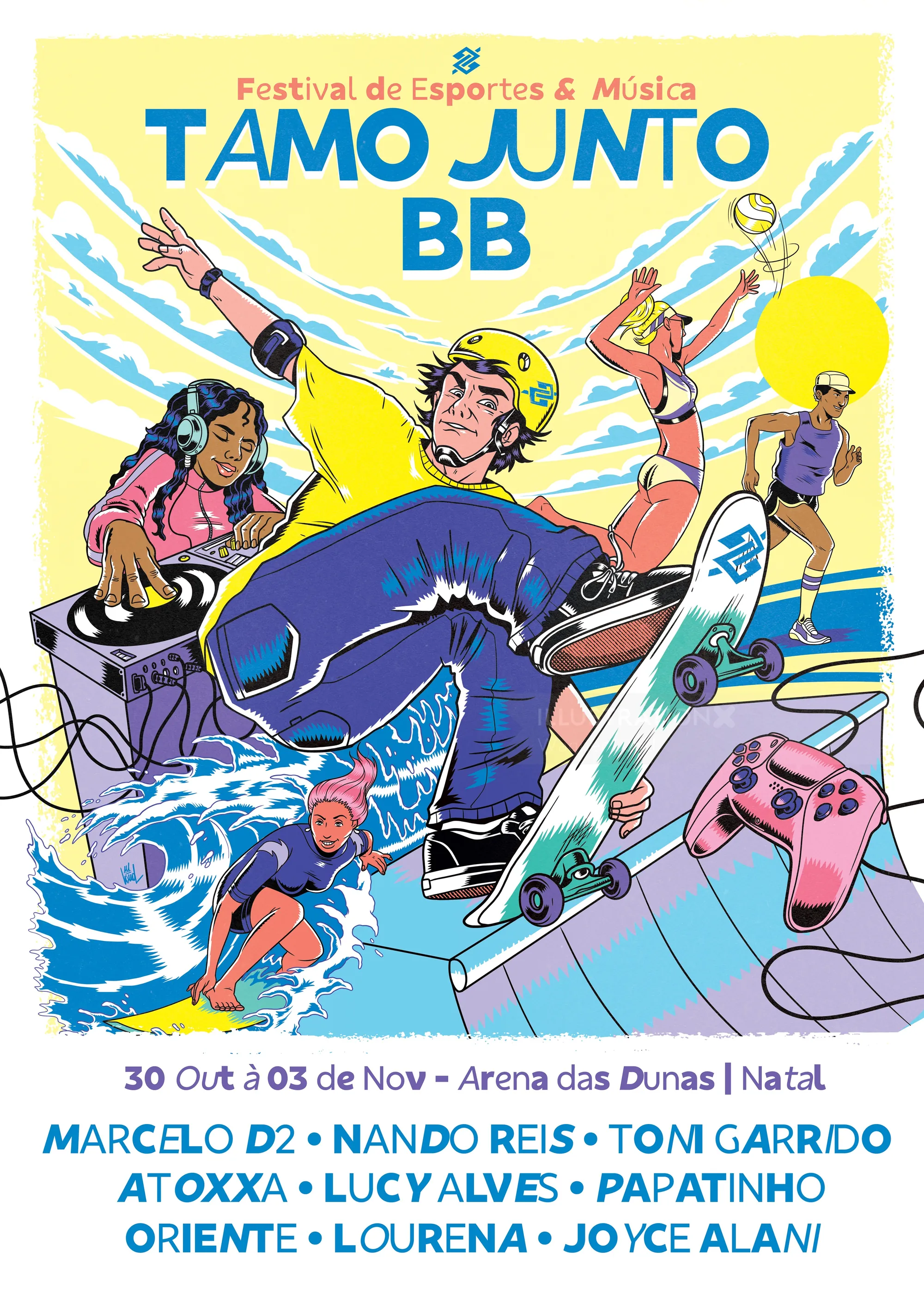 Illustration of esports and music festival with skateboarding and DJ.