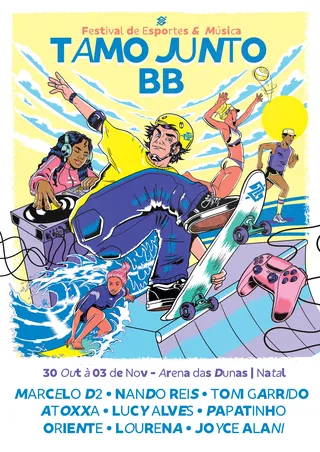 Illustration of esports and music festival with skateboarding and DJ.