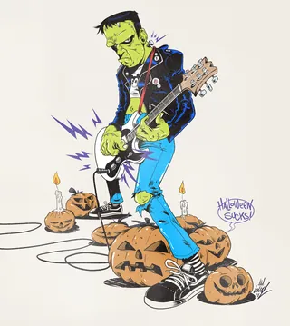 Frankenstein playing electric guitar on jack-o-lanterns