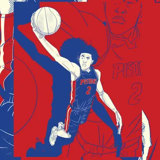 Illustration of basketball player Cade Cunningham dunking in Pistons uniform