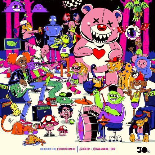 Illustrated vibrant concert poster with animated characters and tour dates in bright colors.
