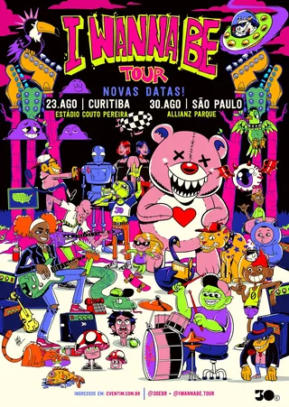 Illustrated vibrant concert poster with animated characters and tour dates in bright colors.