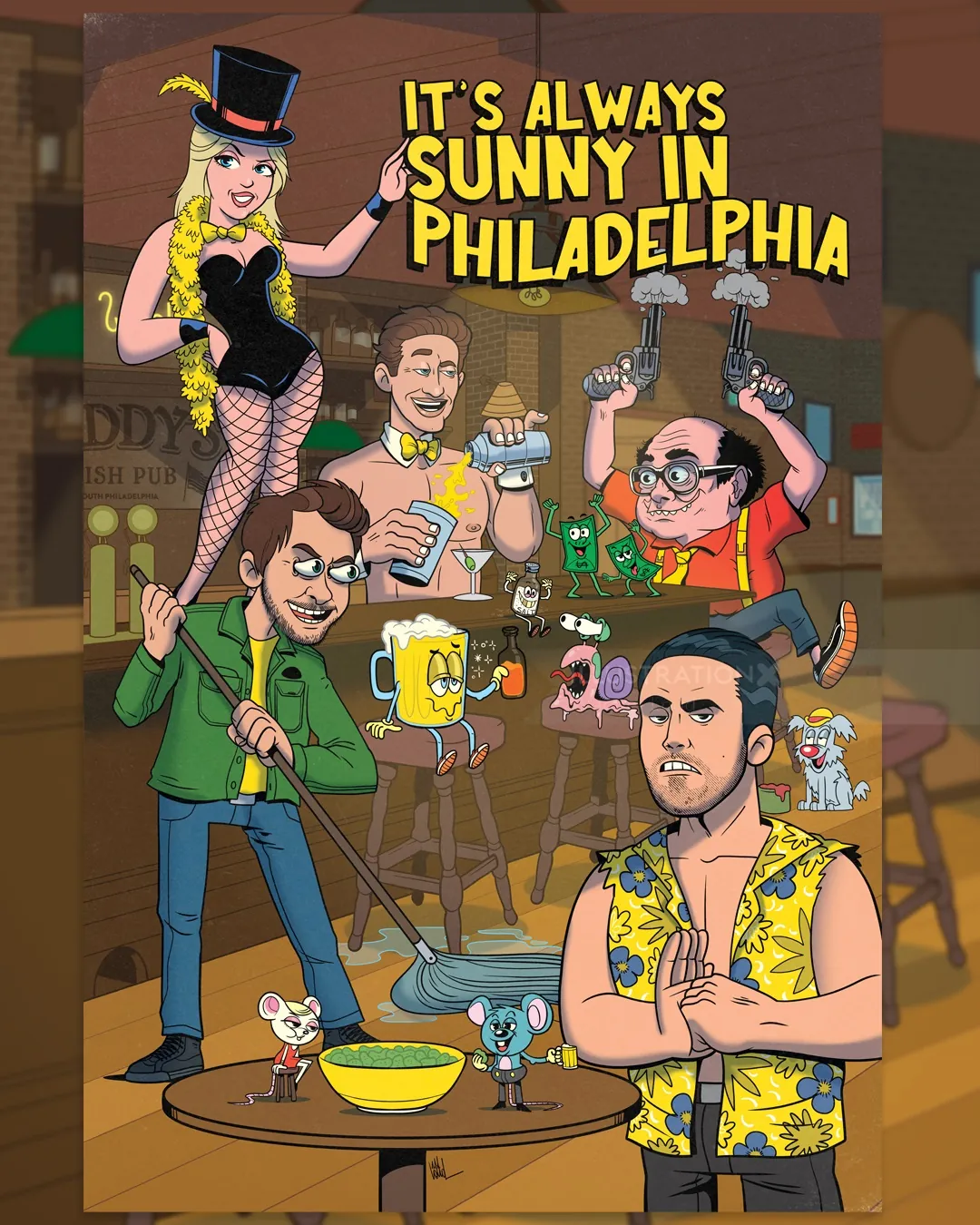Illustration of It's Always Sunny in Philadelphia characters in a bar