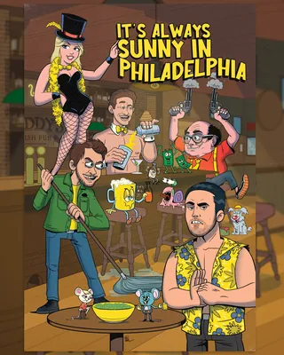 Illustration of It's Always Sunny in Philadelphia characters in a bar