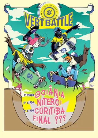 Four skateboarders doing tricks in a skate bowl with Vert Battle banner above.