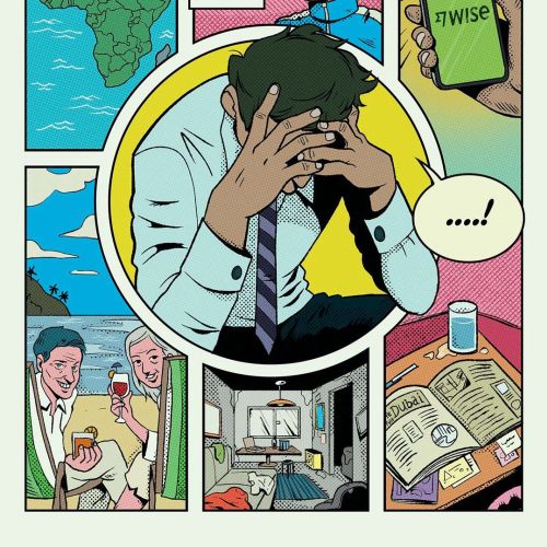 Stressed man holding head with travel, money, and social scenes around him.
