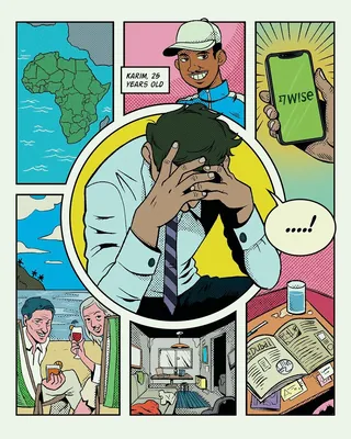 Stressed man holding head with travel, money, and social scenes around him.