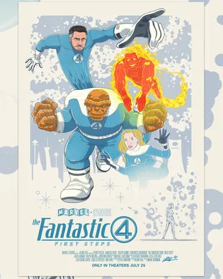 Fantastic Four group illustration with Thing, Human Torch, Invisible Woman, and Mr. Fantastic