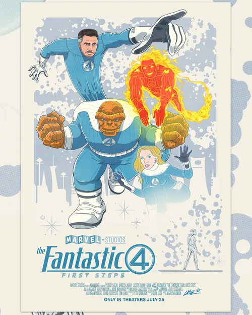Fantastic Four group illustration with Thing, Human Torch, Invisible Woman, and Mr. Fantastic