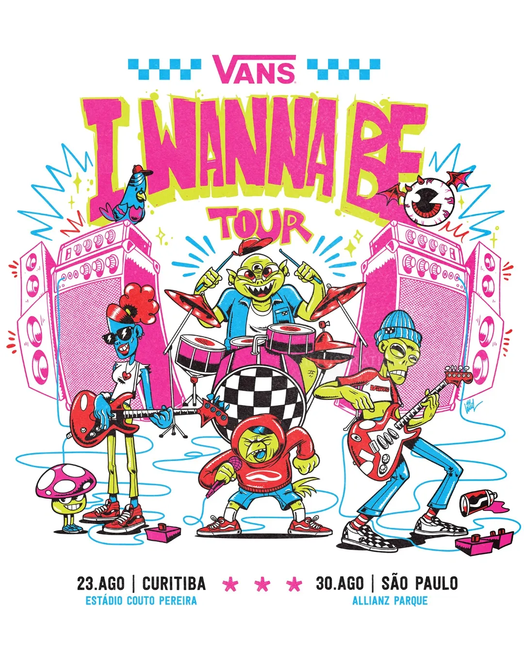 Vans I Wanna Be Tour poster with cartoon musicians and vibrant colors by Wagner Loud