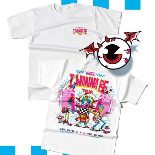 White Vans I Wanna Be Tour T-shirt with colorful graphics by Wagner Loud