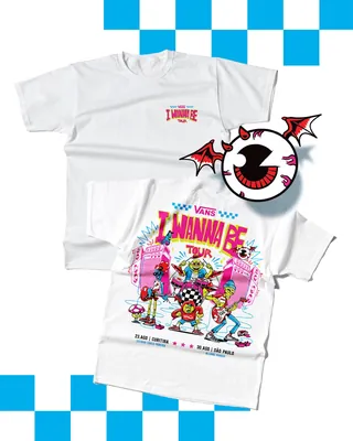 White Vans I Wanna Be Tour T-shirt with colorful graphics by Wagner Loud