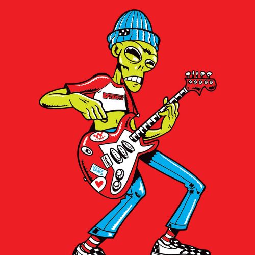 Green alien wearing a blue beanie plays red electric guitar, by Wagner Loud