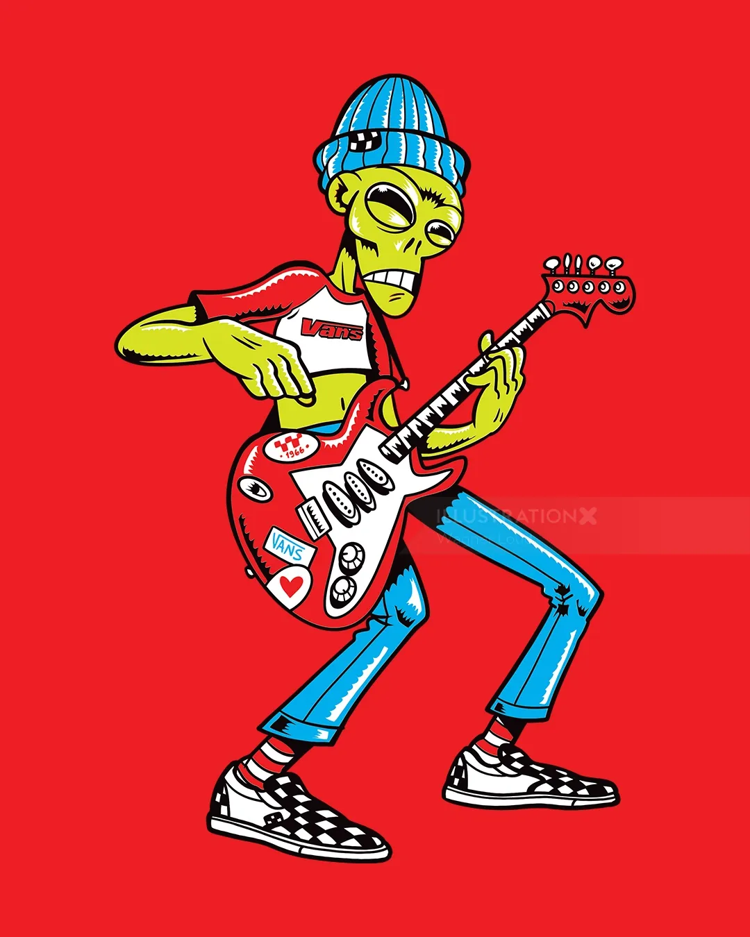 Green alien wearing a blue beanie plays red electric guitar, by Wagner Loud