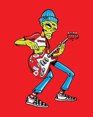 Green alien wearing a blue beanie plays red electric guitar, by Wagner Loud
