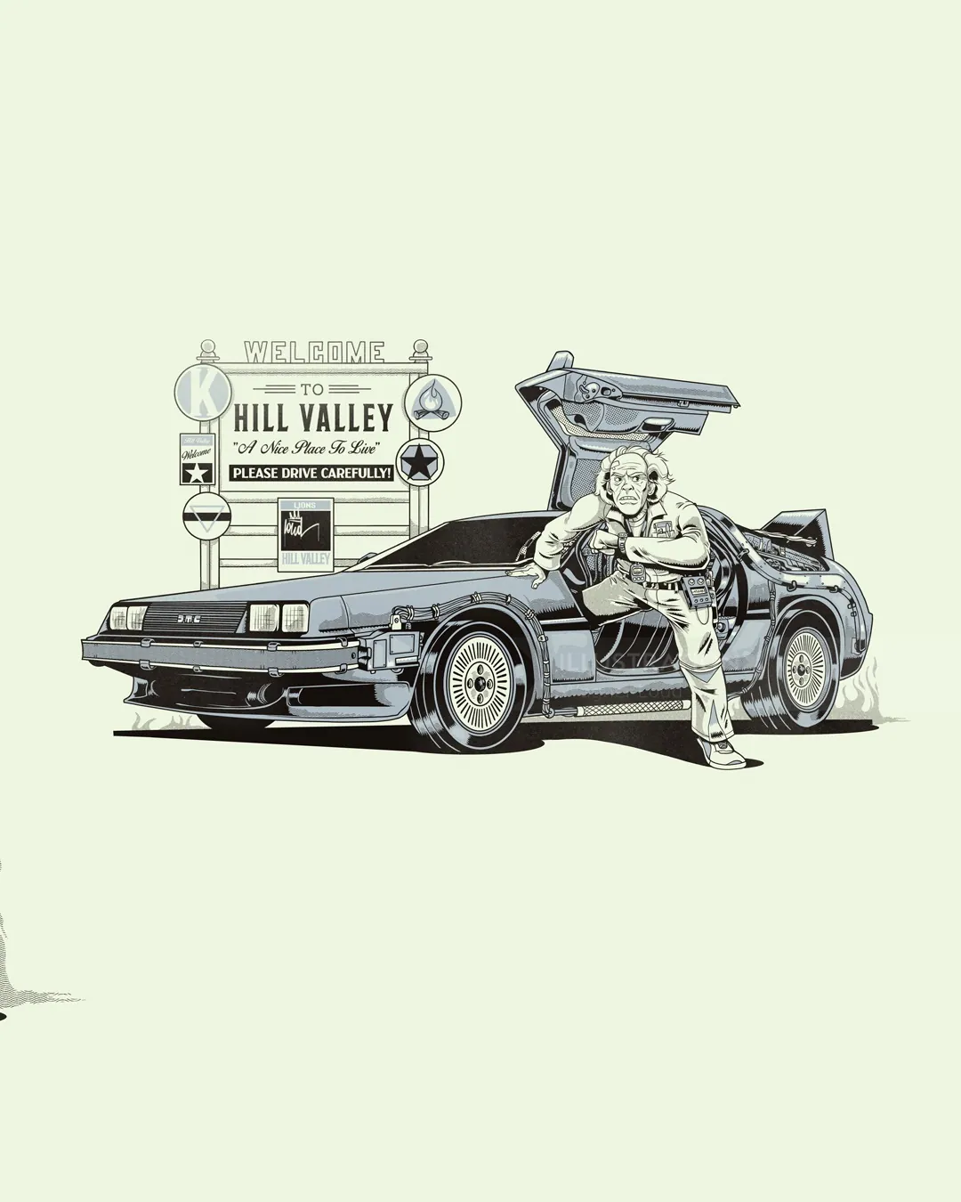 DeLorean car with gull-wing door and Hill Valley sign by Wagner Loud