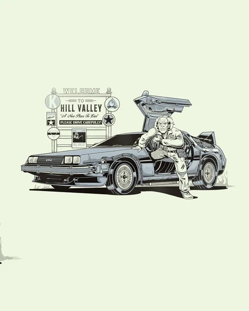 DeLorean car with gull-wing door and Hill Valley sign by Wagner Loud
