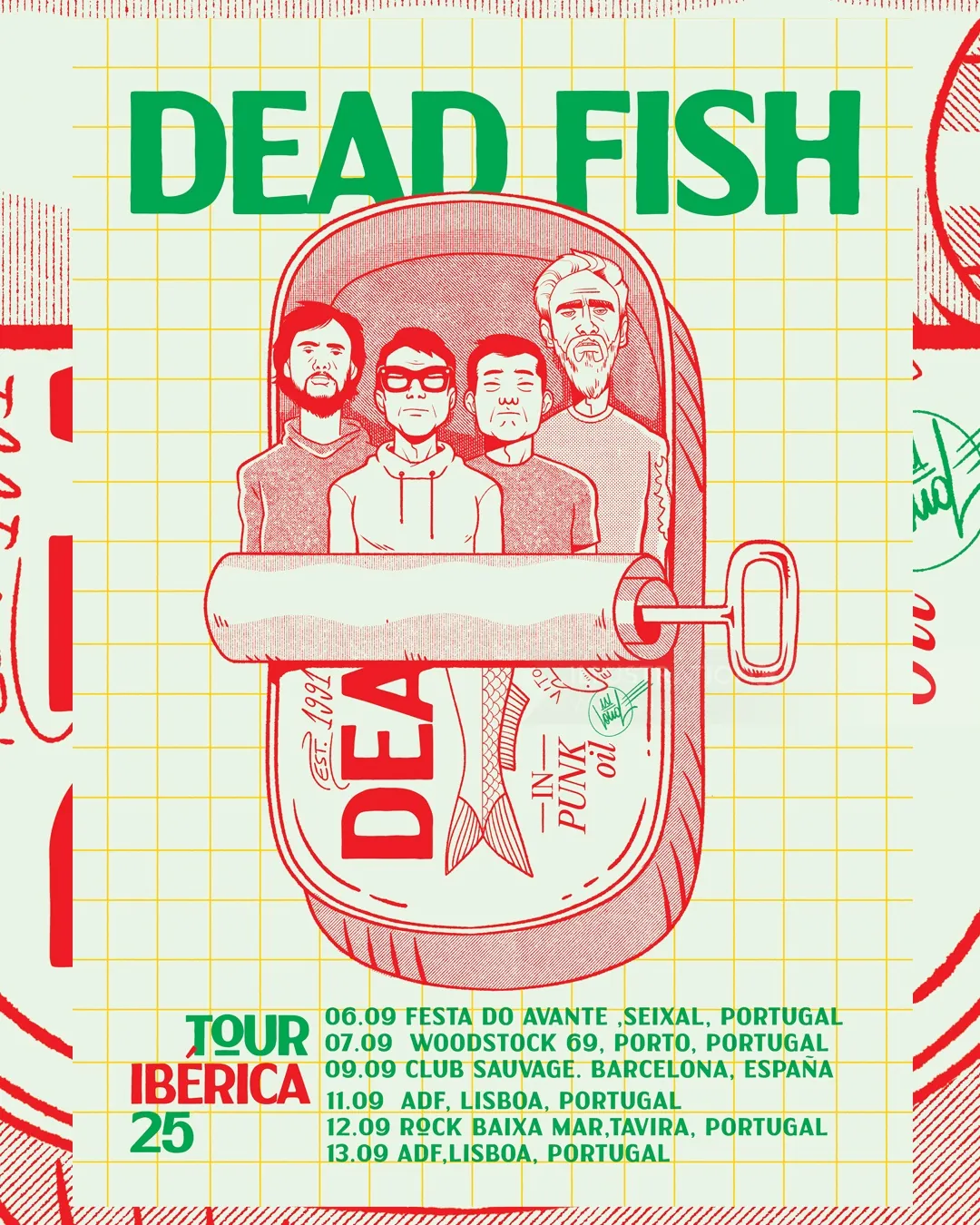 Dead Fish band members illustrated on sardine can, tour dates listed, artist Wagner Loud