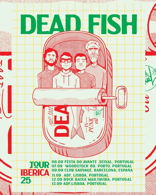Dead Fish band members illustrated on sardine can, tour dates listed, artist Wagner Loud