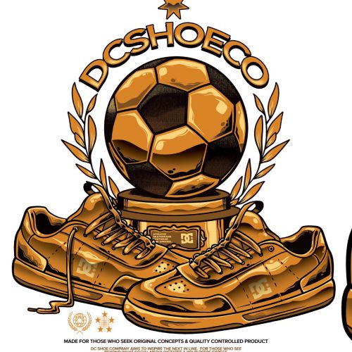 DC Shoes logo featuring soccer ball and sneakers illustration by Wagner Loud