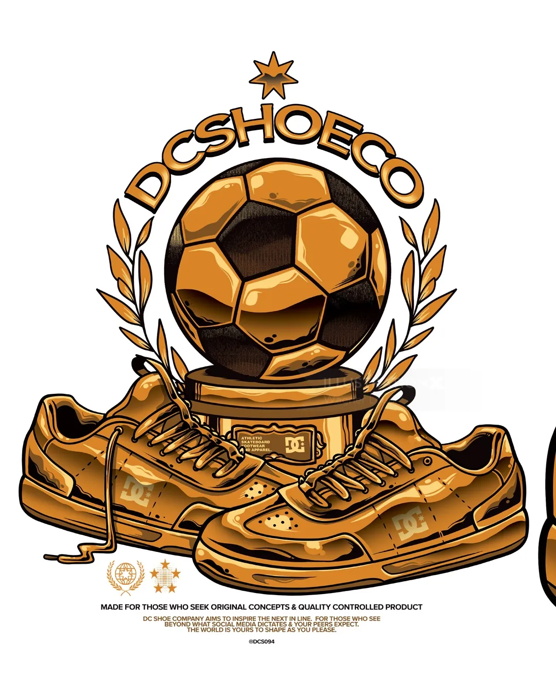 DC Shoes logo featuring soccer ball and sneakers illustration by Wagner Loud