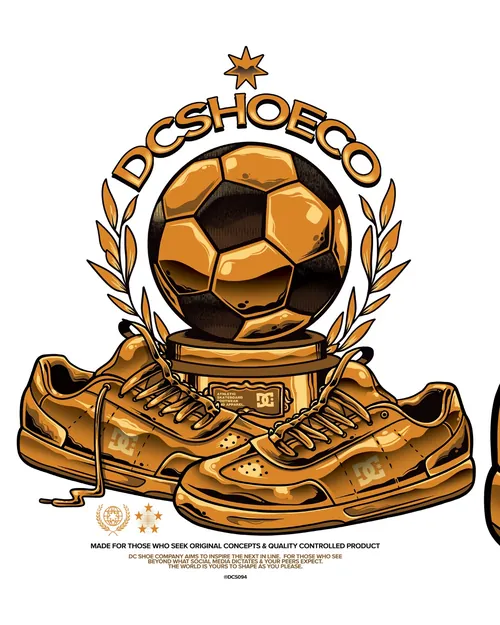DC Shoes logo featuring soccer ball and sneakers illustration by Wagner Loud