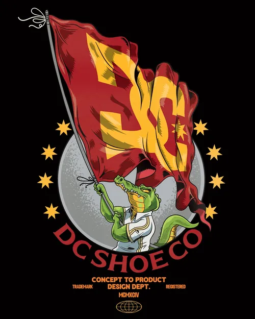 Alligator holding a red DC Shoes flag with stars, illustration by Wagner Loud