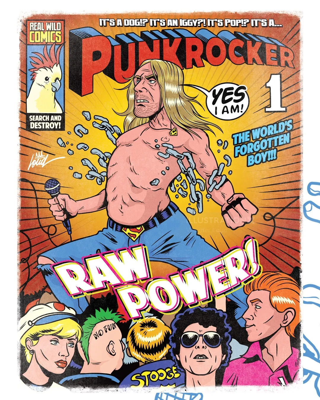 Comic cover showing a shirtless punk rocker holding a microphone, by Wagner Loud