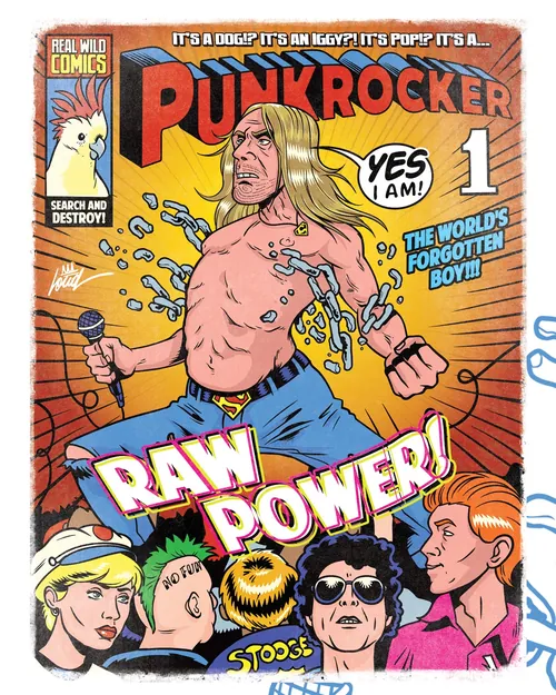 Comic cover showing a shirtless punk rocker holding a microphone, by Wagner Loud