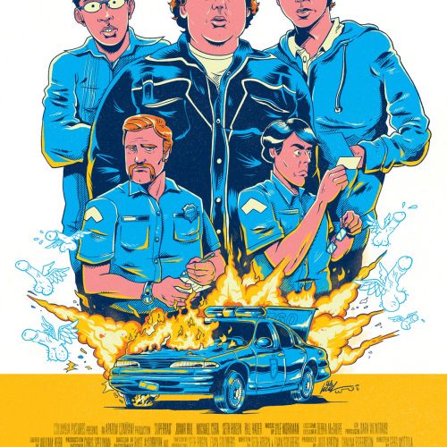 Superbad movie poster illustration by Wagner Loud featuring five characters and car