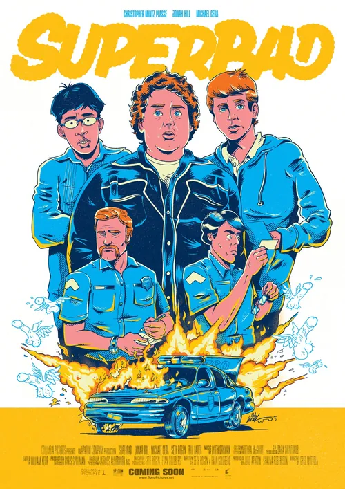 Superbad movie poster illustration by Wagner Loud featuring five characters and car