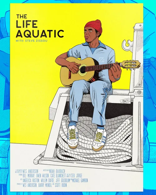 Poster of Steve Zissou playing guitar sitting on boat deck by Wagner Loud